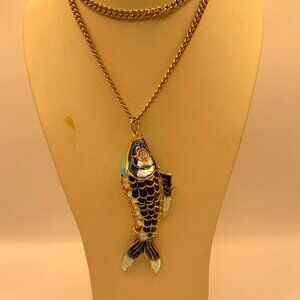 Vintage Articulated Fish Pendent With Gold Tone Chain